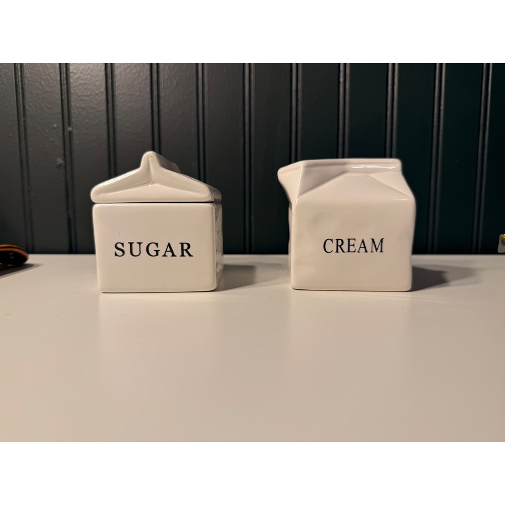 World Market White Ceramic Milk Carton Sugar and Creamer Set Stoneware